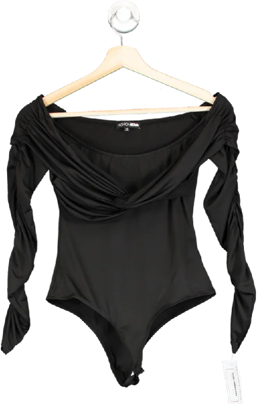 Fashion Nova Black Off-Shoulder Ruched Bodysuit XS