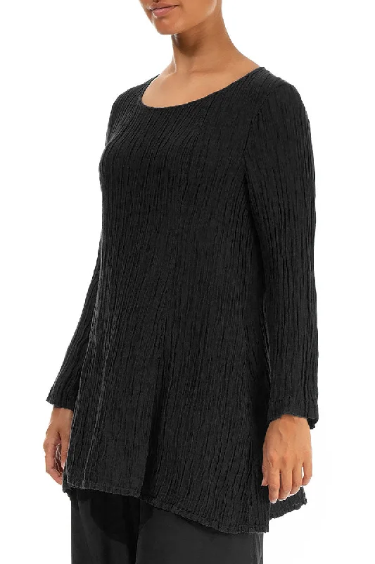 Flared Crinkled Black Silk Tunic