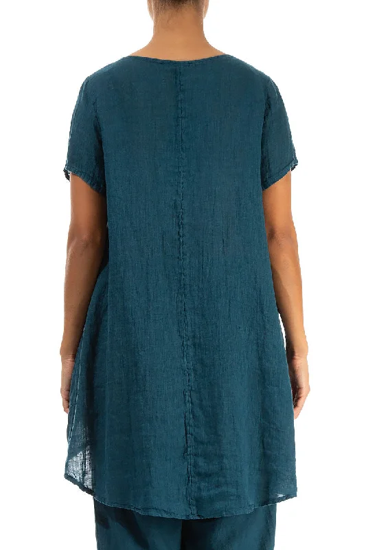 Longer Back Short Sleeves Dark Teal Gauze Linen Blouse