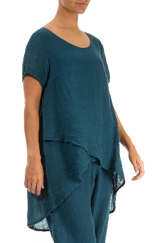 Longer Back Short Sleeves Dark Teal Gauze Linen Blouse