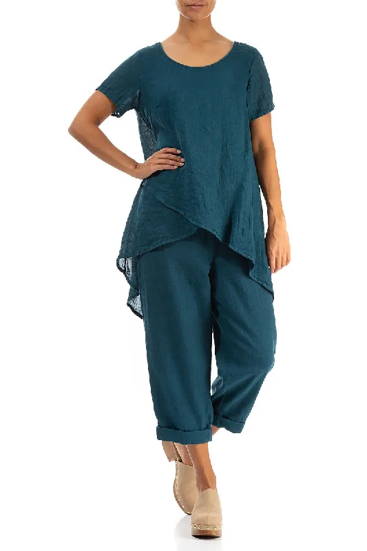 Longer Back Short Sleeves Dark Teal Gauze Linen Blouse