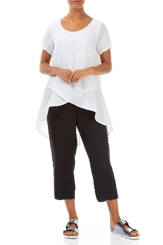 Longer Back Short Sleeves White Gauze Linen Blouse