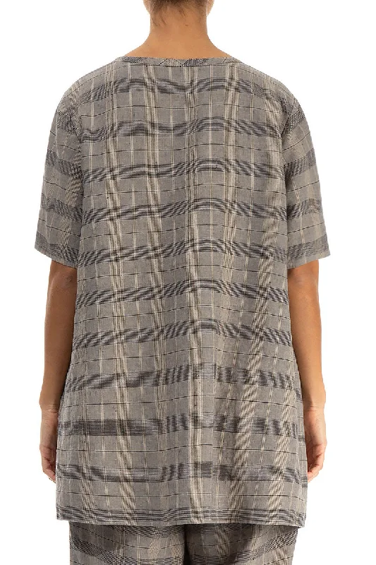 Loose Greige Check Linen Tunic