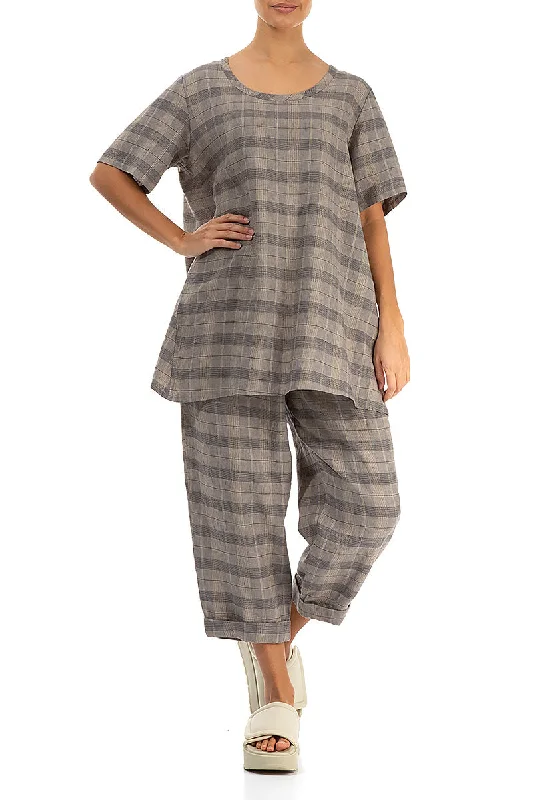 Loose Greige Check Linen Tunic