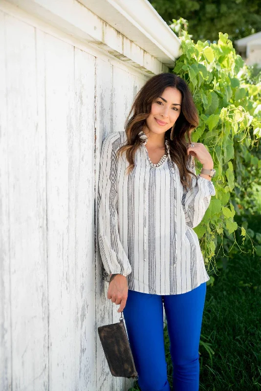 Mixed Stripes Cinched Blouse