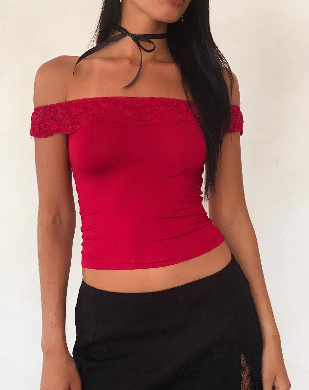 Nesel Bardot Top in Slinky Lace Red