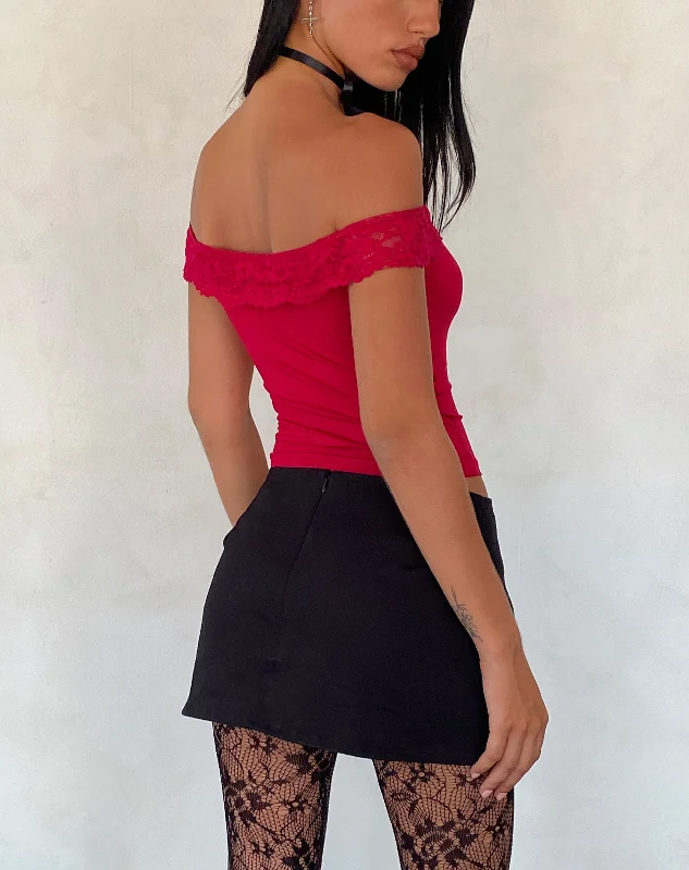 Nesel Bardot Top in Slinky Lace Red