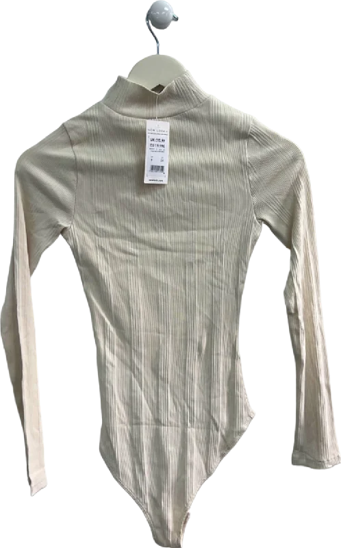 New Look Cream Stand Neck Var Rib Bodysuit UK 6