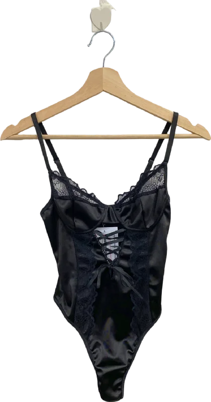 PrettyLittleThing Black Satin Lace Bodysuit Small