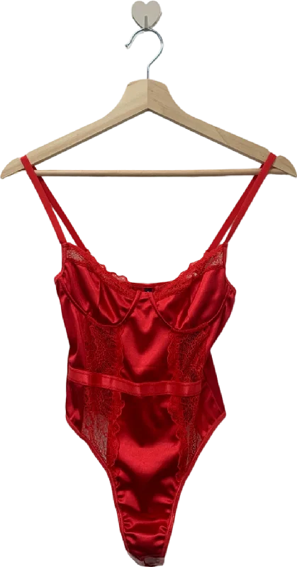 PrettyLittleThing Red Satin Lace Trim Binding Bodysuit XS