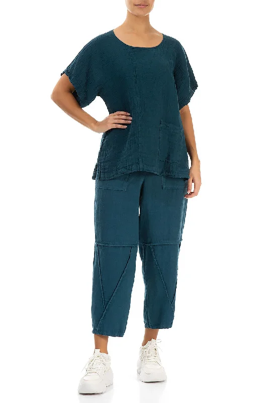 Short Sleeves Dark Teal Crêpe Linen Blouse