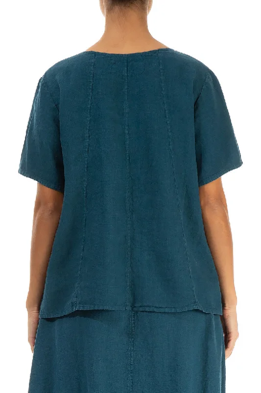 Short Sleeves Dark Teal Linen Blouse