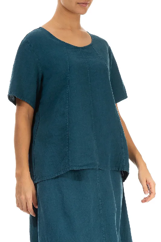 Short Sleeves Dark Teal Linen Blouse