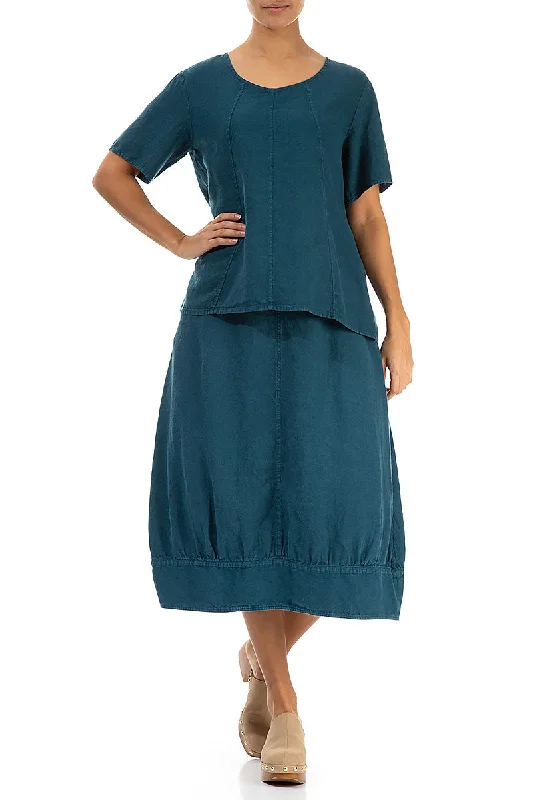 Short Sleeves Dark Teal Linen Blouse