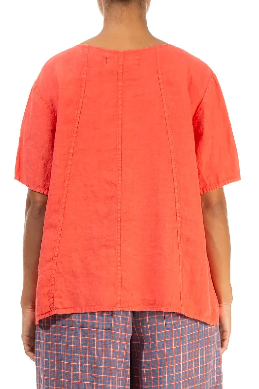 Short Sleeves Living Coral Linen Blouse