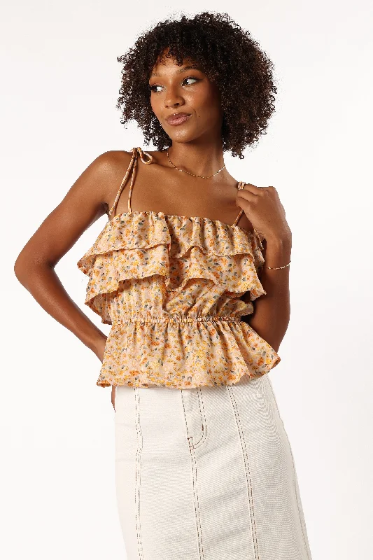 Skyla Ruffle Top - Taupe Multi