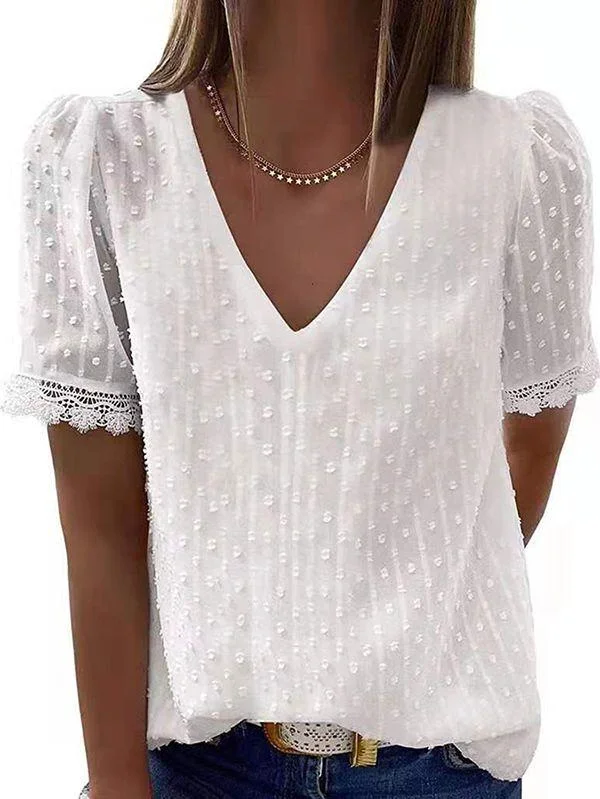 Swiss Dot V Neck T Shirt With Lace Trim