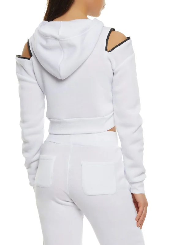 Zip Cold Shoulder Cropped Hoodie