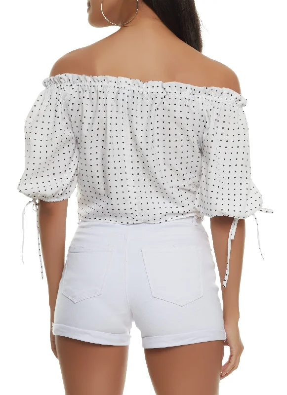 Polka Dot Ruched Zip Front Off the Shoulder Top