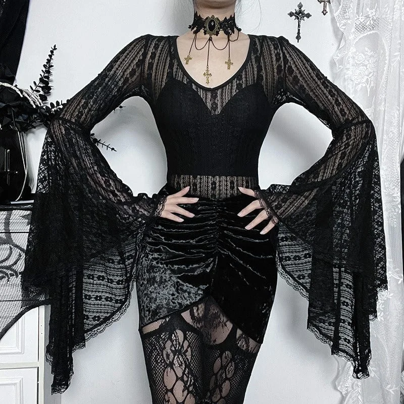 Women's Gothic Sheer Trumpet Sleeved Lace Bodysuit