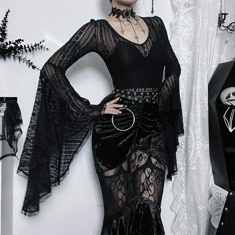 Women's Gothic Sheer Trumpet Sleeved Lace Bodysuit