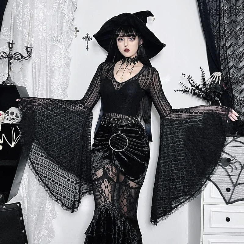 Women's Gothic Sheer Trumpet Sleeved Lace Bodysuit