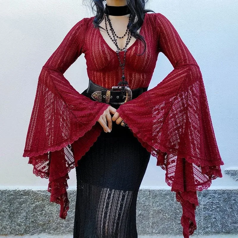 Women's Gothic Sheer Trumpet Sleeved Lace Bodysuit