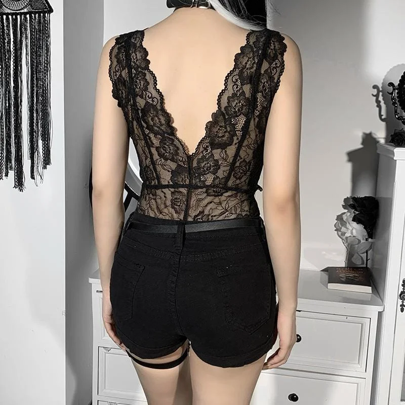 Women's Punk Plunging Lace Sheer Romper