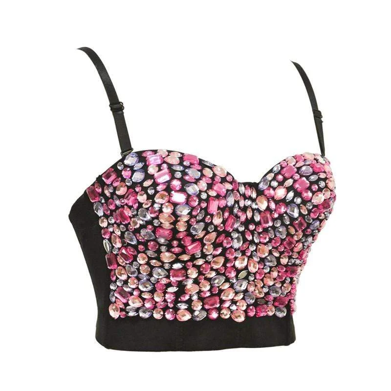 Women's Solid Color Rhinestone Beaded Push Up Bra Studded Gem Clubwear Party Bustier Crop Top