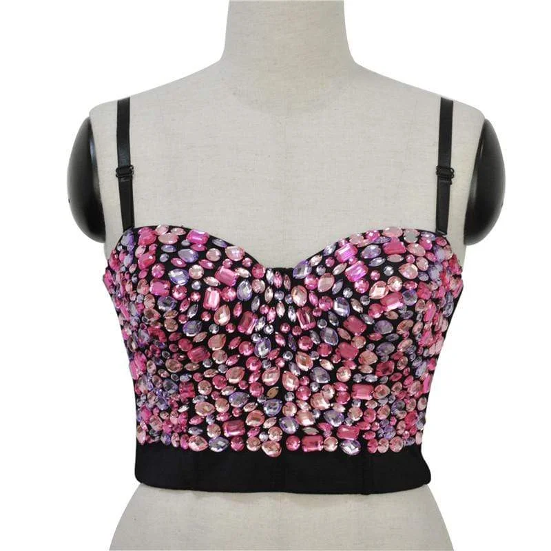 Women's Solid Color Rhinestone Beaded Push Up Bra Studded Gem Clubwear Party Bustier Crop Top