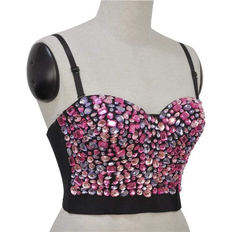 Women's Solid Color Rhinestone Beaded Push Up Bra Studded Gem Clubwear Party Bustier Crop Top