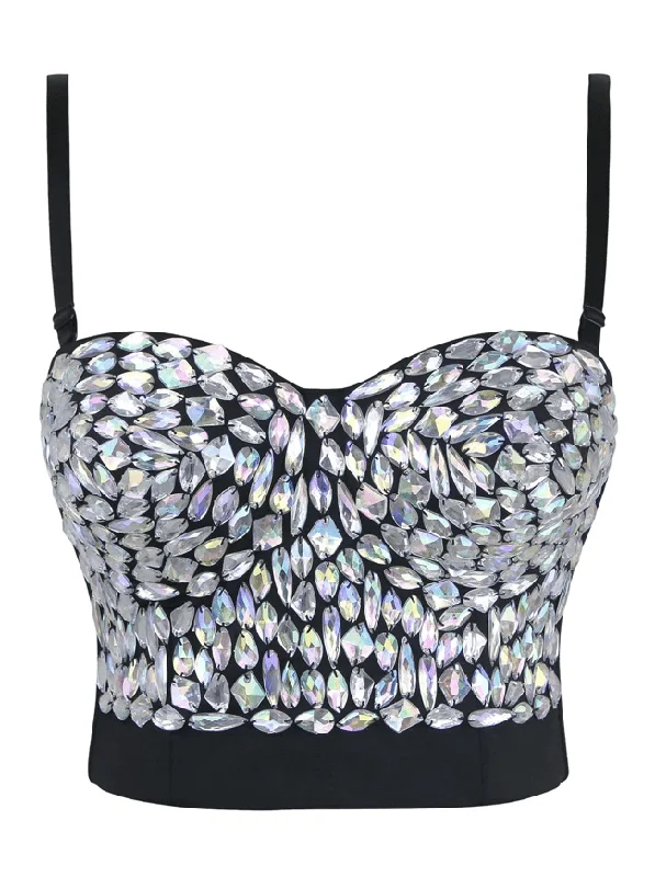 Women's Solid Color Rhinestone Beaded Push Up Bra Studded Gem Clubwear Party Bustier Crop Top